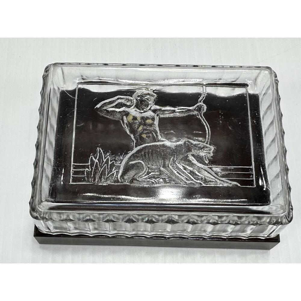 Vintage Hickok Art Deco Glass Bakelite Trinket Box Male‎ Nude Archer Hunter Dog